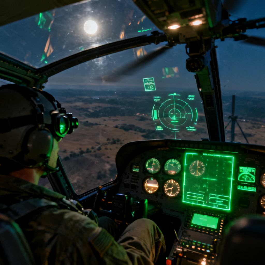 AI helicopter cockpit under night vision green glow