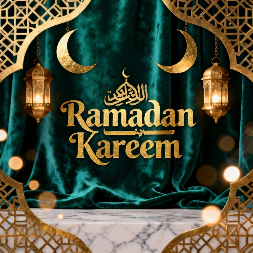 AI luxury aesthetic Ramadan card with gold crescent, lanterns, and velvet texture