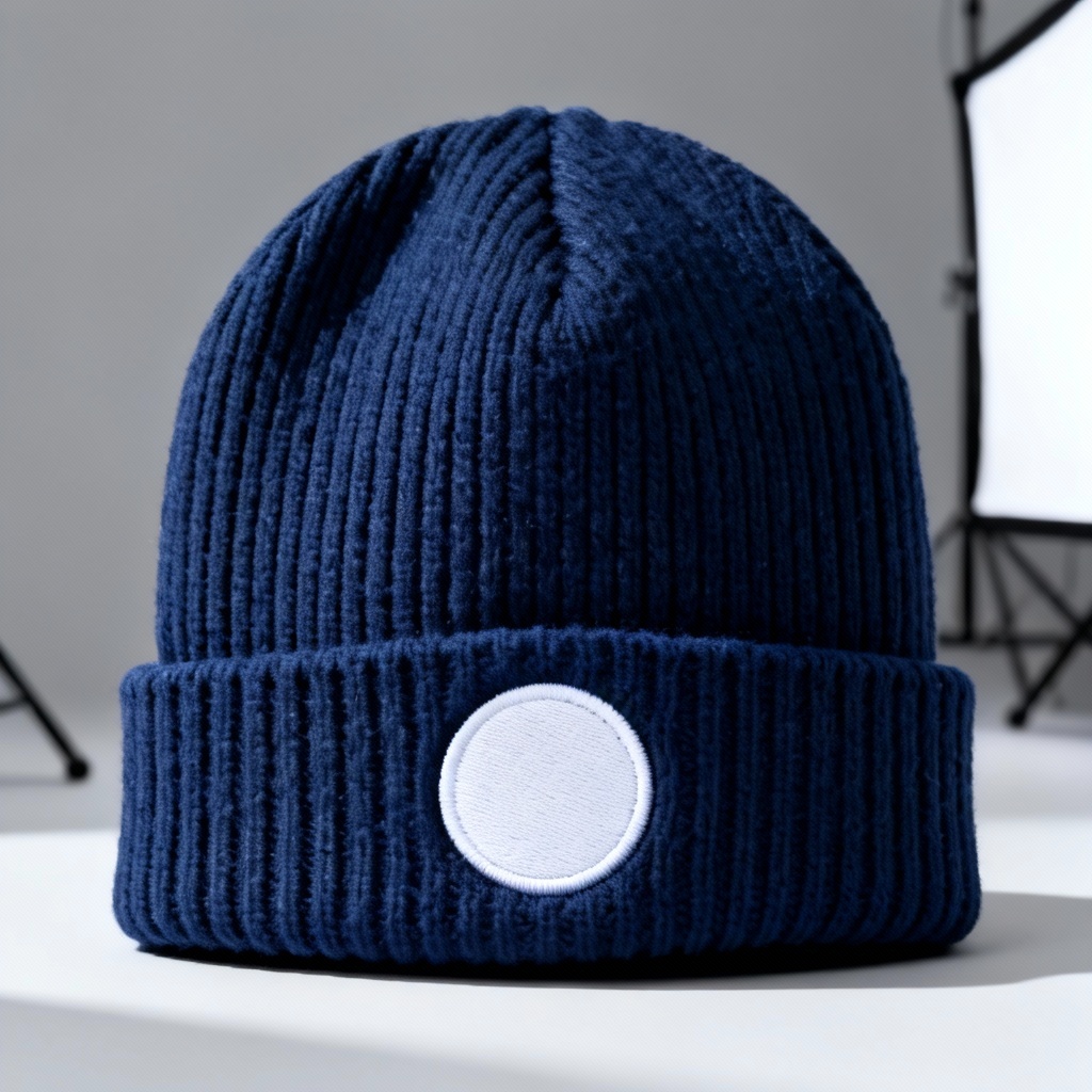 AI cuffed navy beanie with embroidered logo mockup