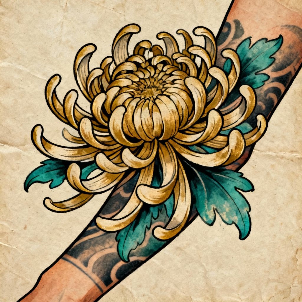 Neo-traditional chrysanthemum sleeve tattoo concept