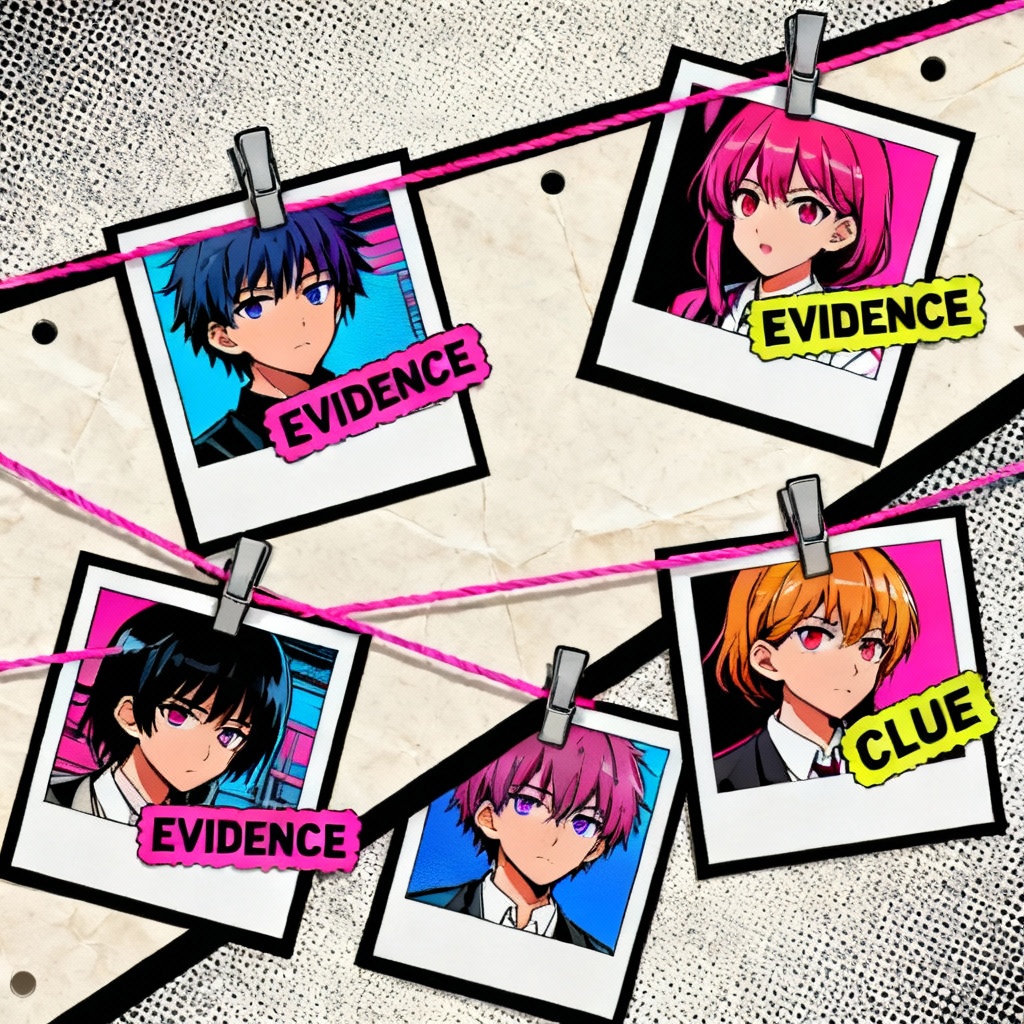 Graphic evidence board in Danganronpa style with halftone textures
