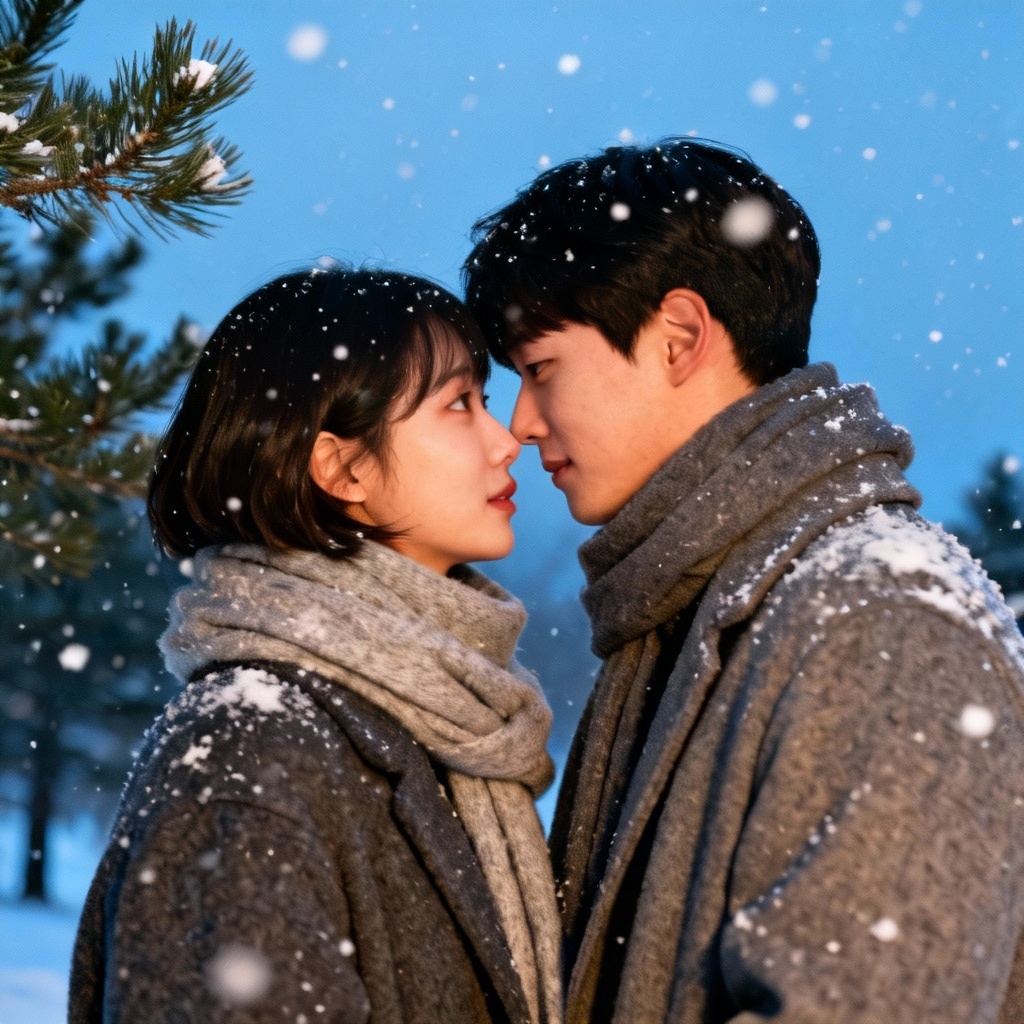 AI Korean couple in snow wearing warm coats