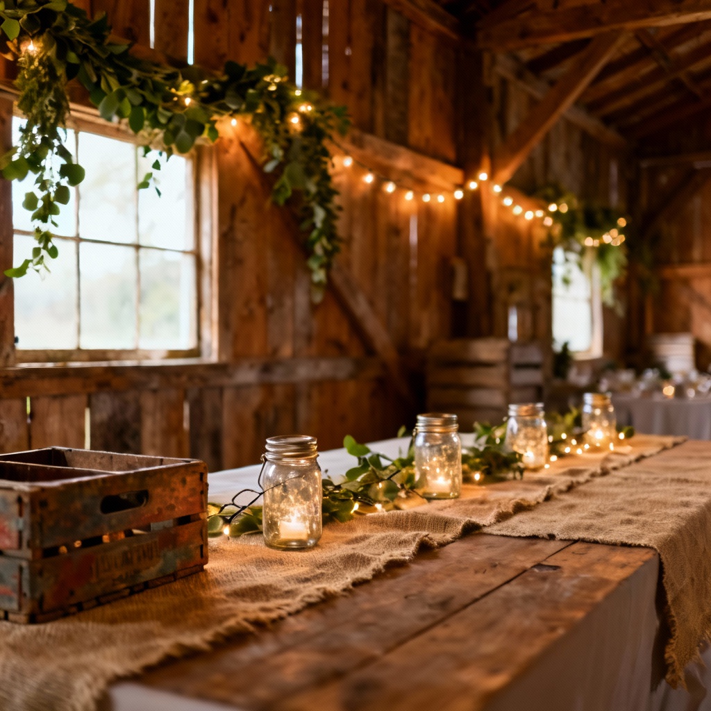 AI rustic barn wedding background with string lights