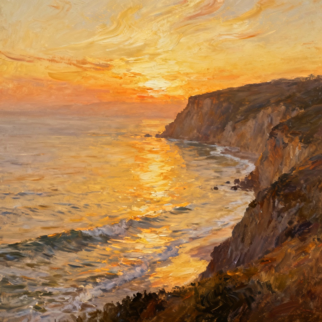 AI oil landscape painting of a sunset coast