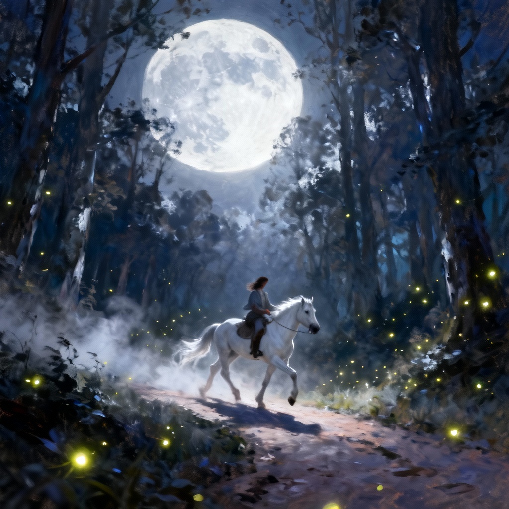 Fantasy moonlit pony ride with glowing fireflies