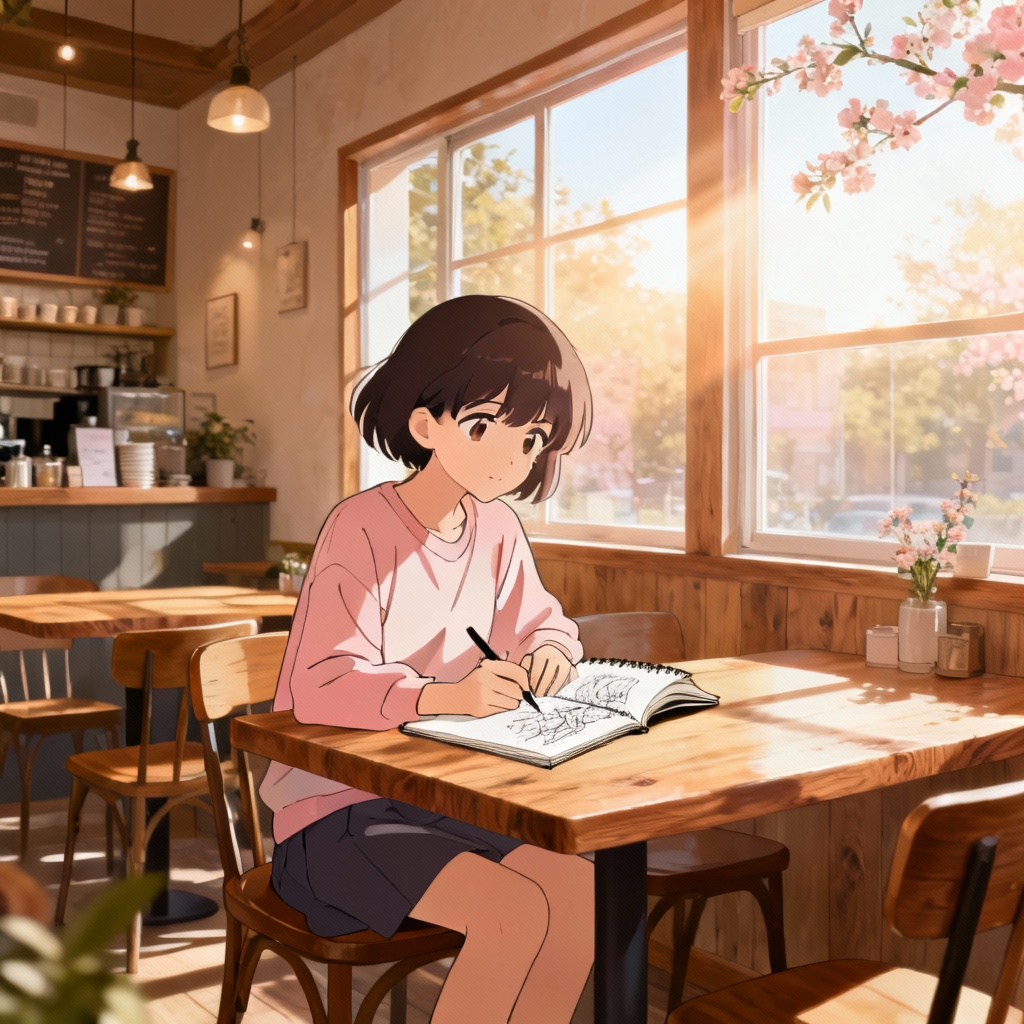 AI modern anime cafe scene with soft pastel slice-of-life style