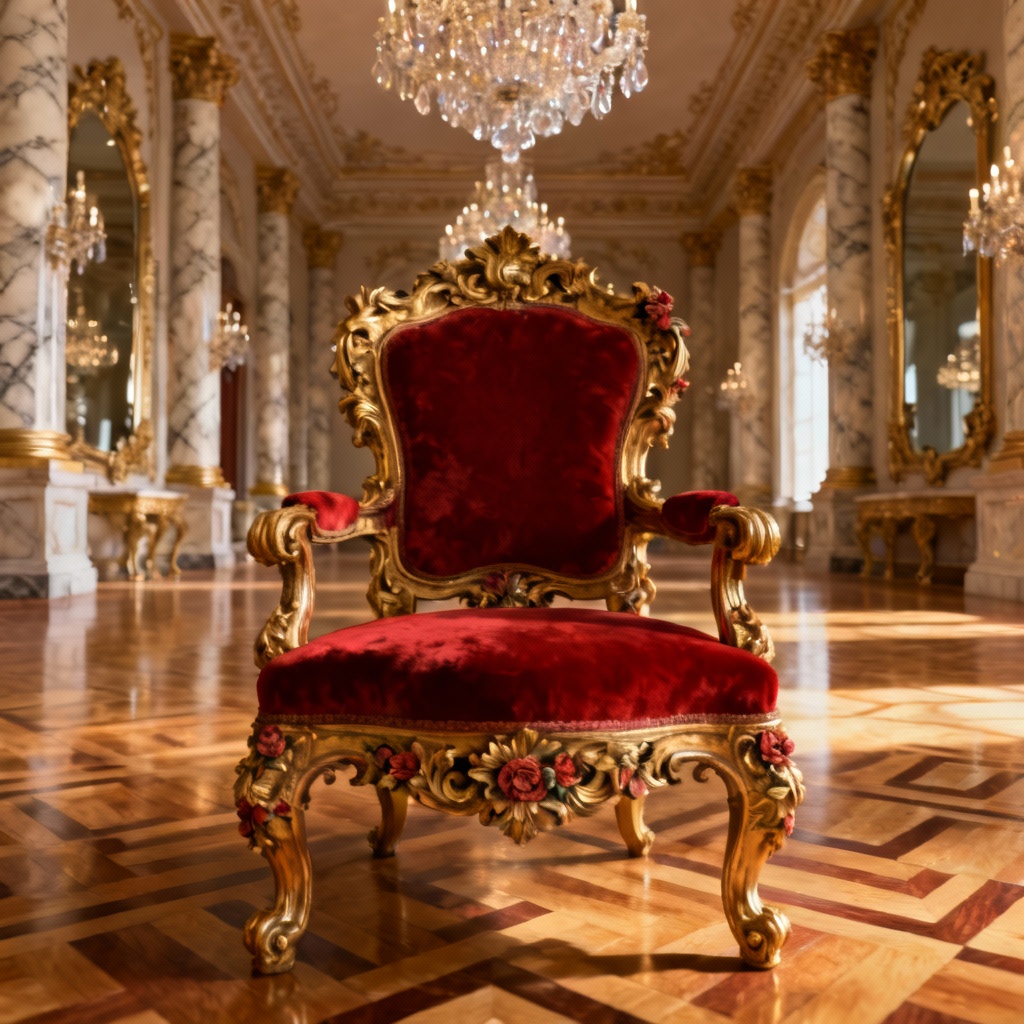 AI baroque gold throne with red velvet in palace