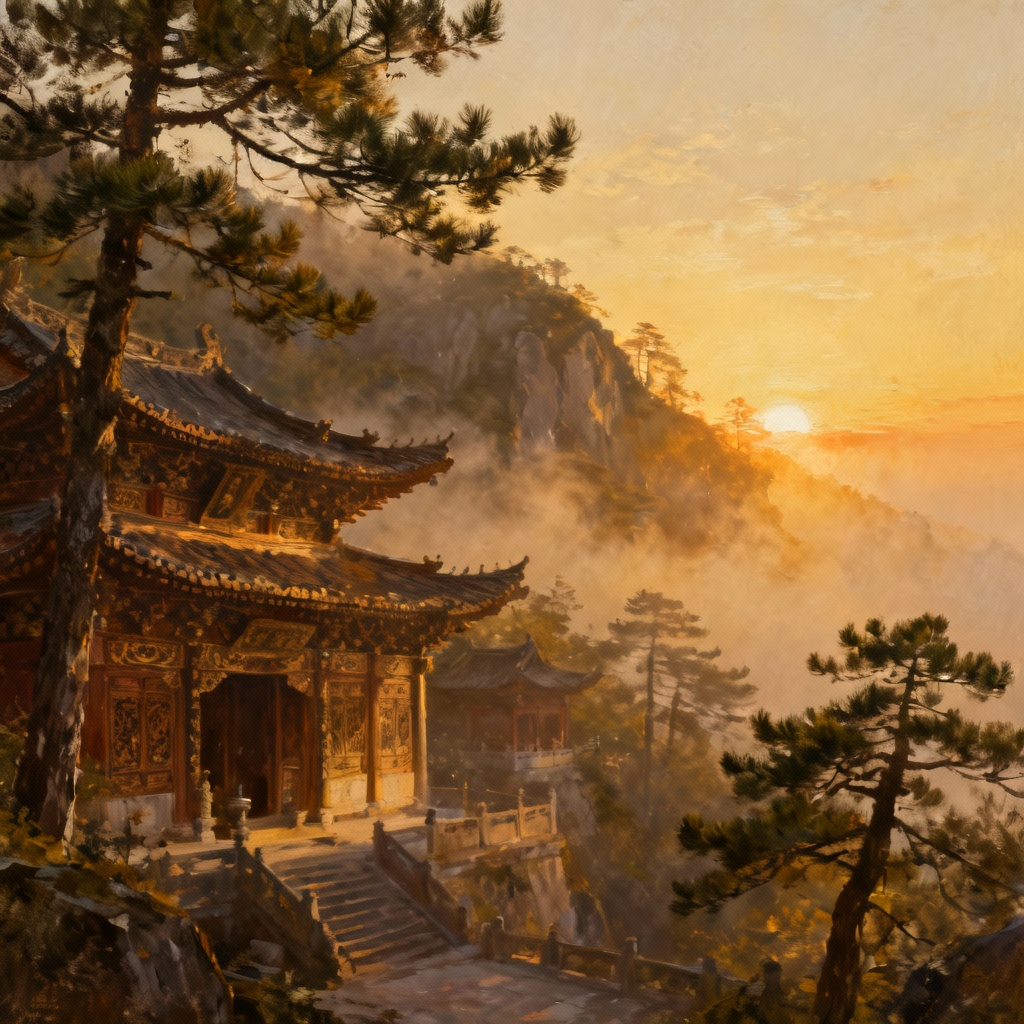 AI Korean temple sunrise landscape with misty mountains