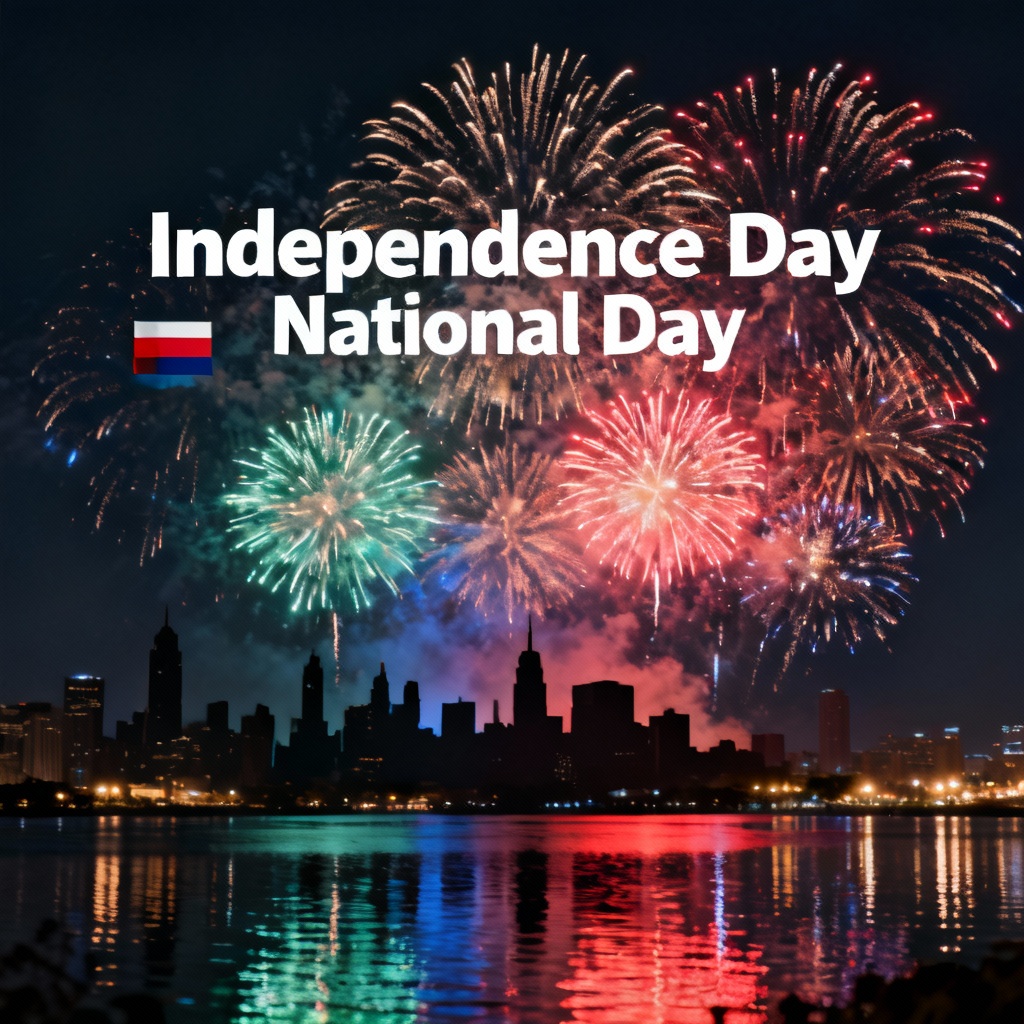 AI skyline fireworks with flag color gradients