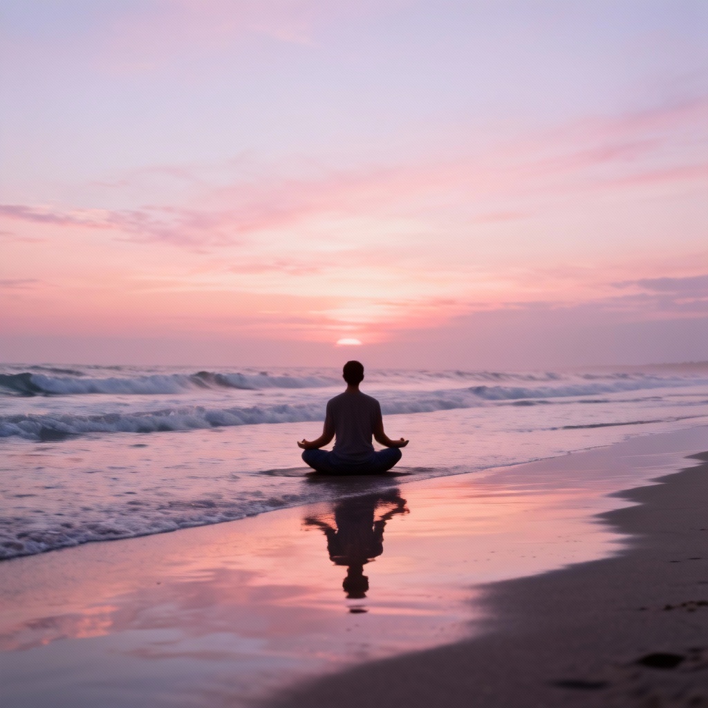 AI sunset beach meditation scene