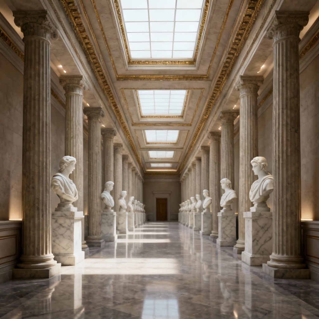 AI neoclassical colonnaded gallery with statues and coffered ceiling