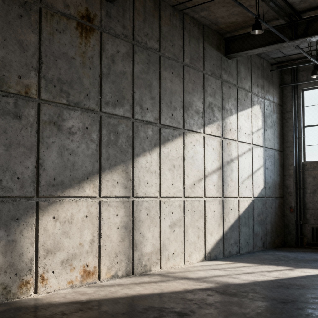 AI brutalist concrete loft wall with form tie marks