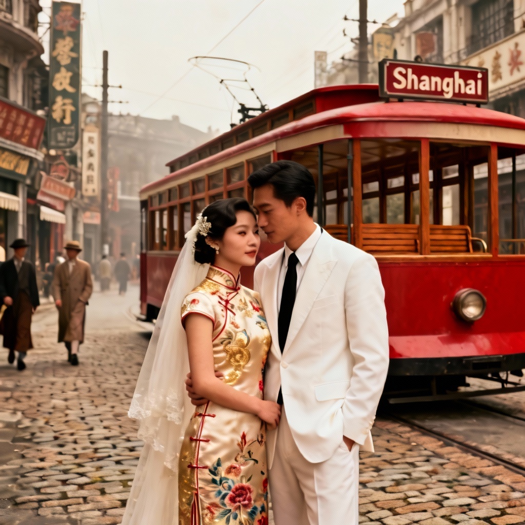 AI pre-wedding Shanghai 1930s street scene