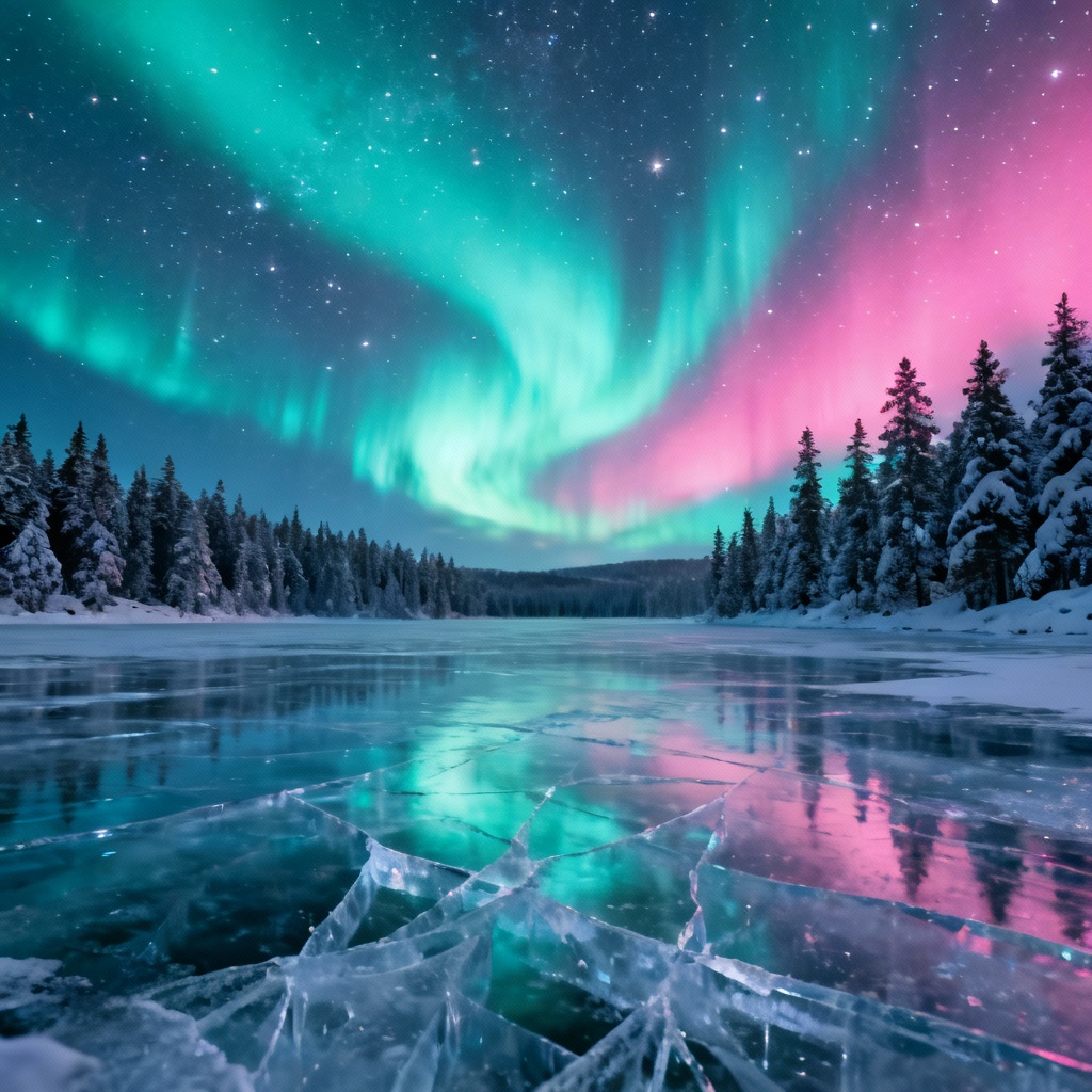 Winter background featuring aurora over a frozen lake