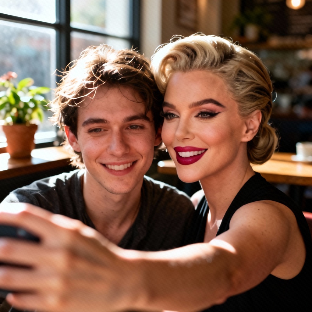AI selfie with celebrity lookalike in a cozy cafe
