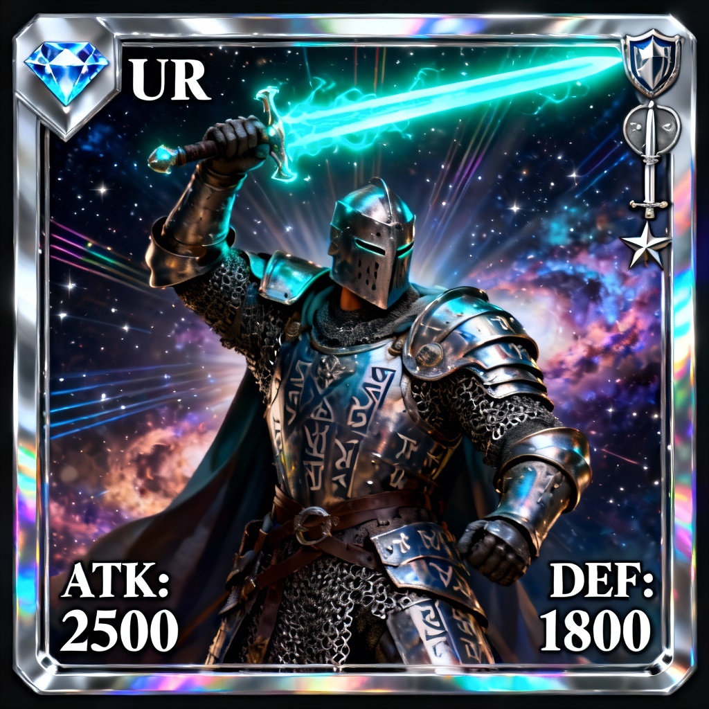 AI trading card with holographic foil effect and stats