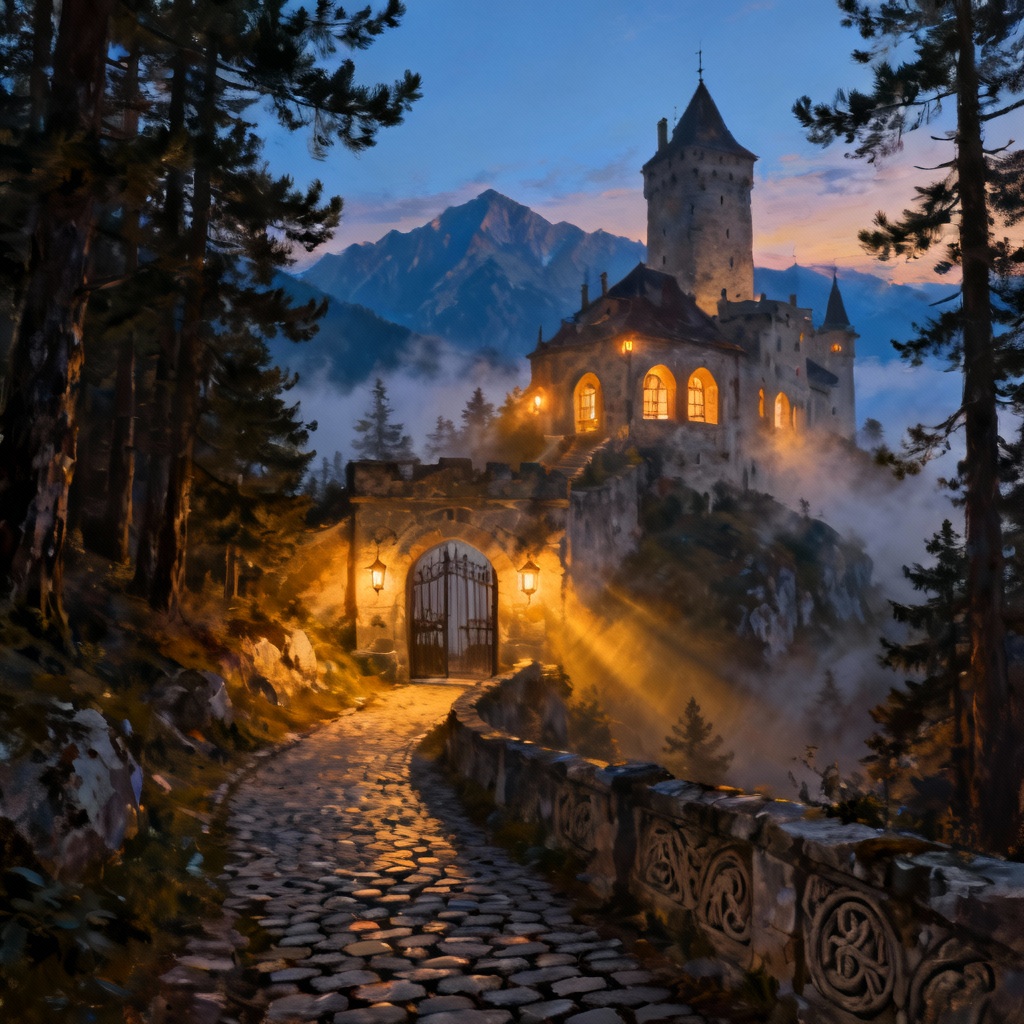 AI image of Romanian castle at twilight in the Carpathians