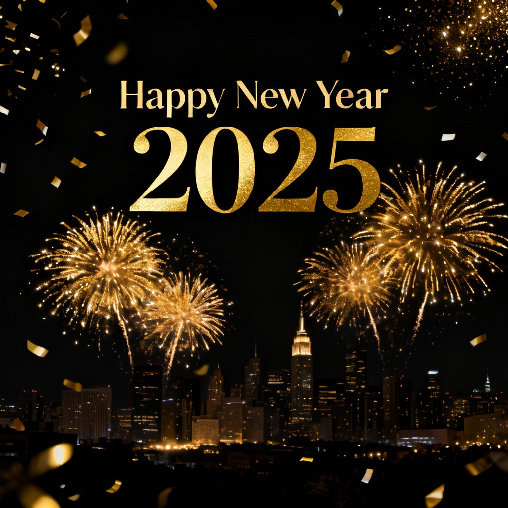 AI Happy New Year card with golden fireworks and 2025 typography