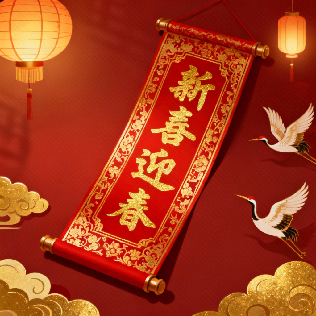 AI Chinese festival red scroll sign with gold characters