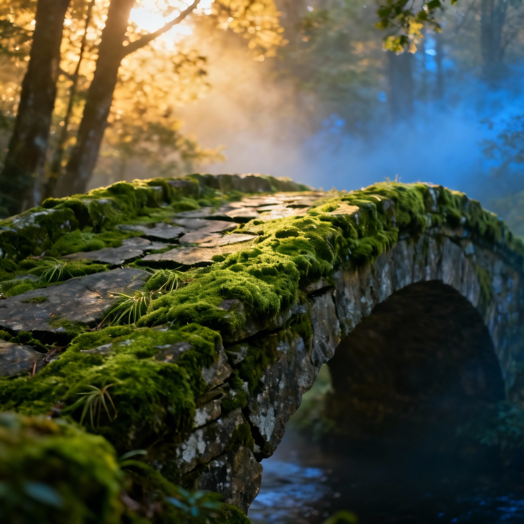 AI moss generator hero image of a moss-covered stone bridge in a misty forest