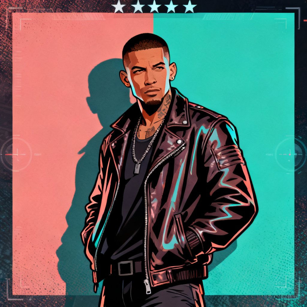 AI GTA-style portrait with bold outlines and duotone panels