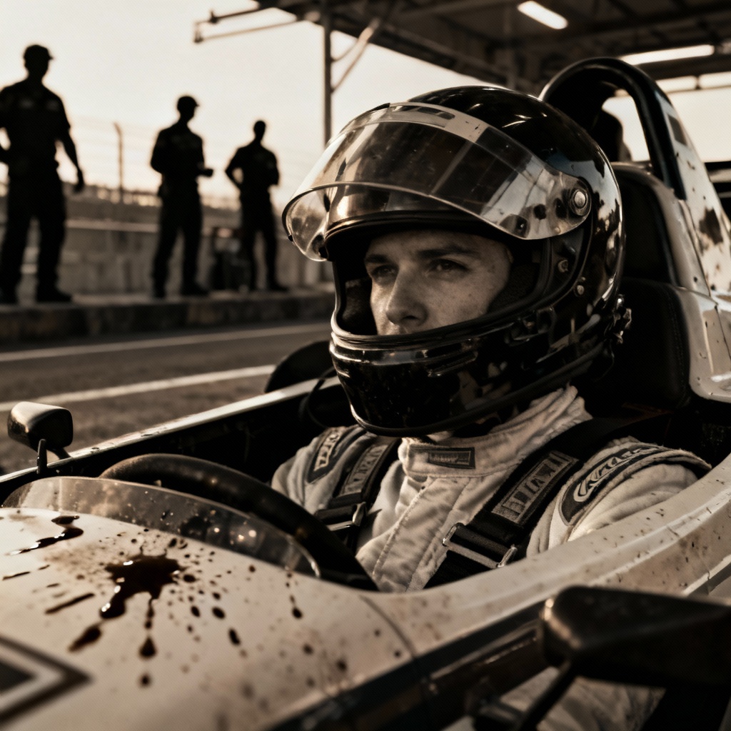 Pembalap di pit lane dengan kru pit di latar
