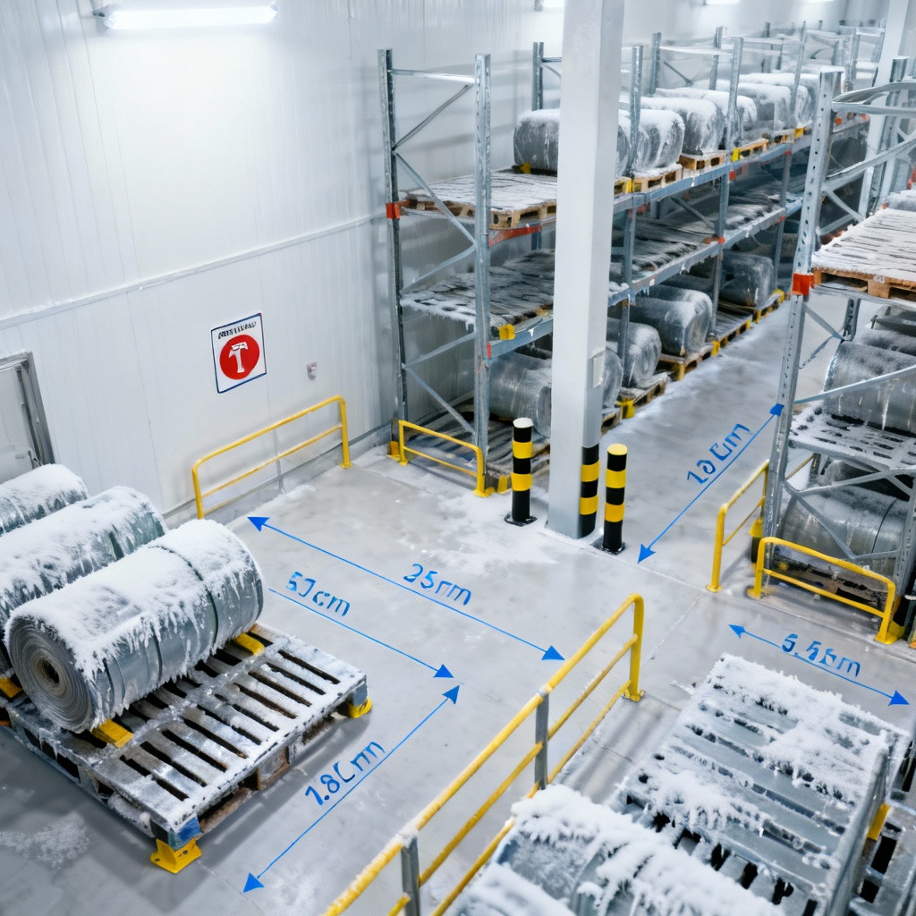 Cold storage racking with safety barriers and pallet stops