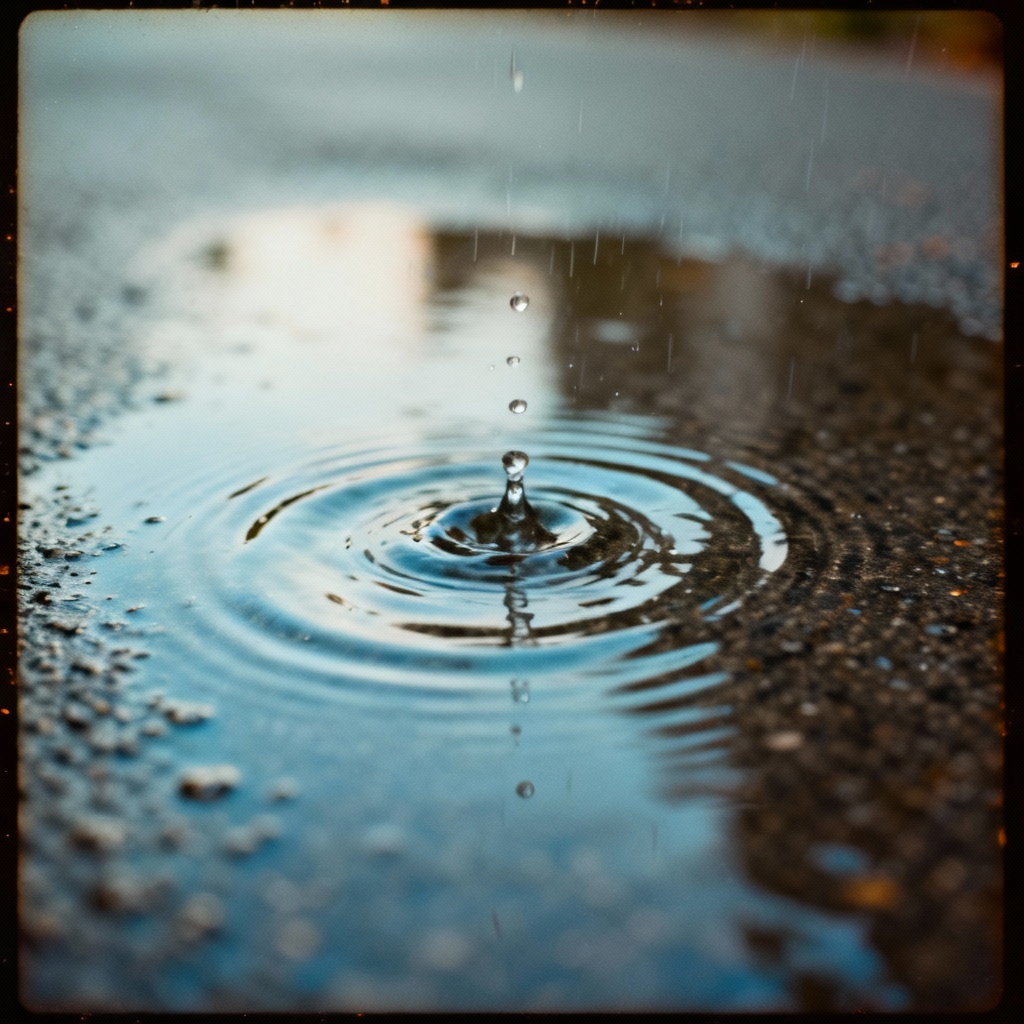 Vintage film closeup of raindrops on pavement