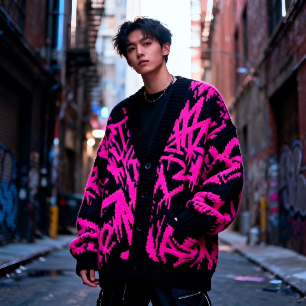 AI oversized streetwear cardigan with neon jacquard