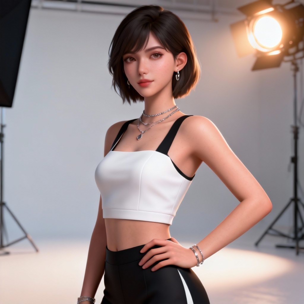 Photorealistic virtual influencer portrait in a modern studio