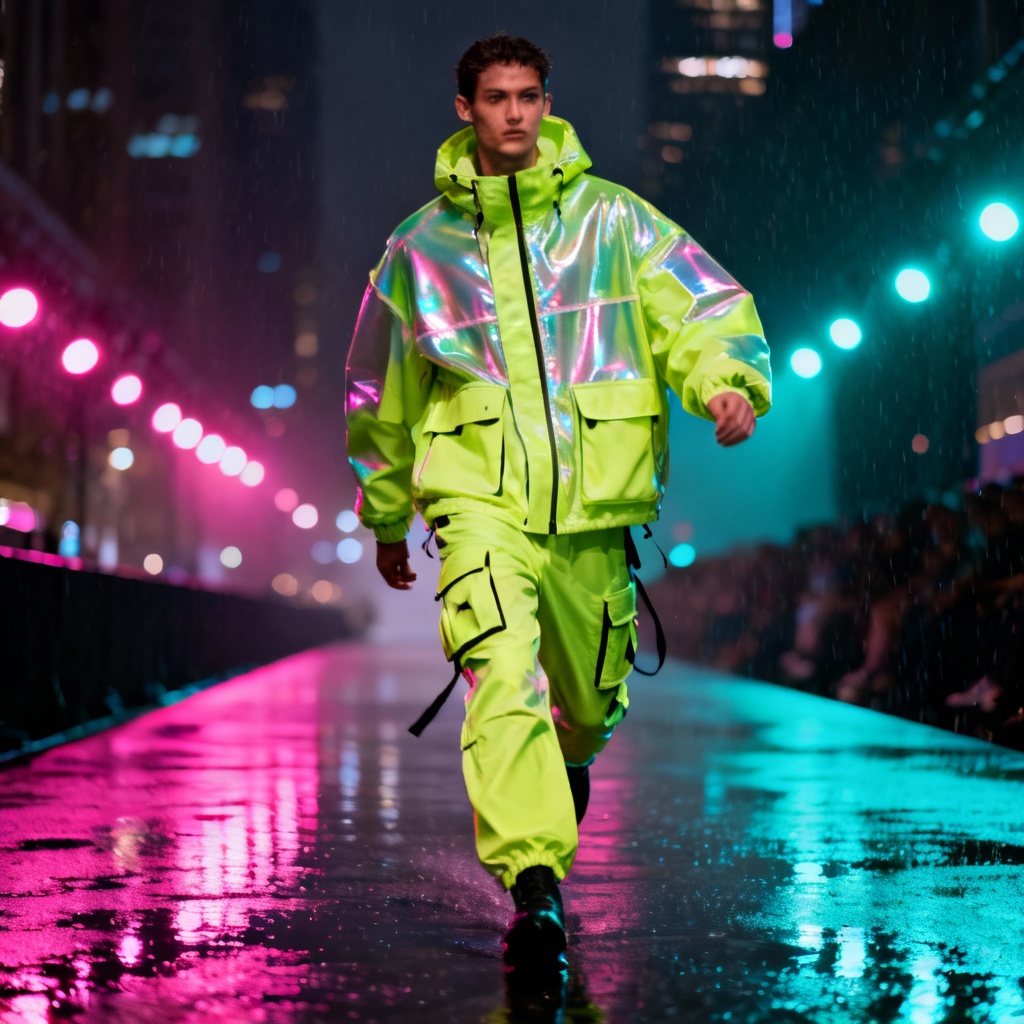 AI neon streetwear runway shot in urban night scene