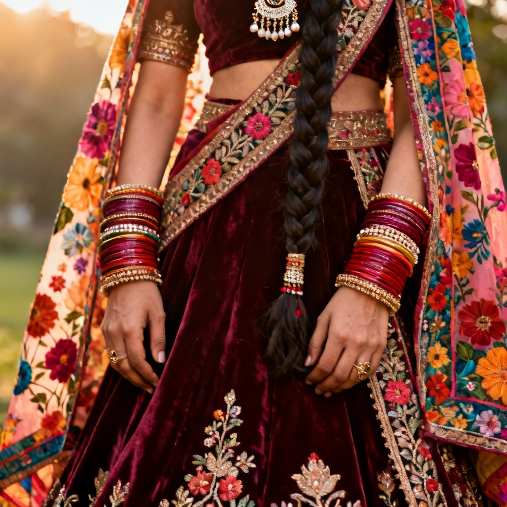 AI Punjabi bridal lehenga with phulkari dupatta, chooda, and kalire