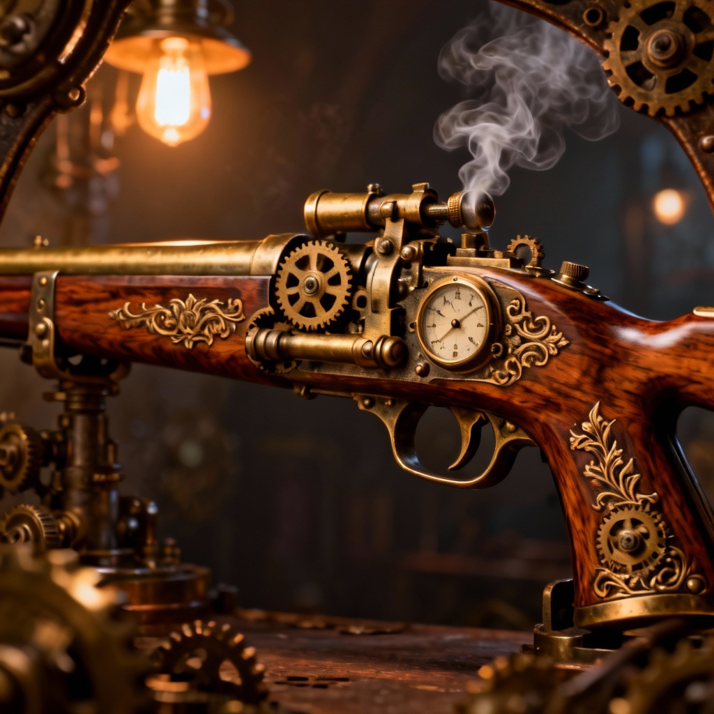 Steampunk brass sniper rifle concept with wood and gears