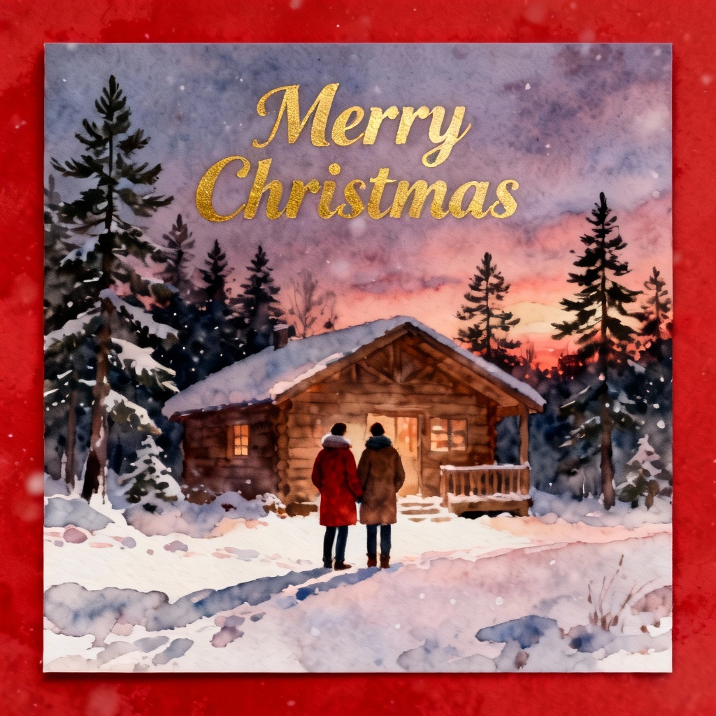 AI Christmas postcard with snowy cabin and couple