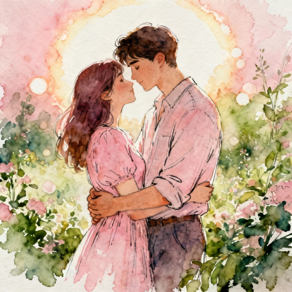 AI Watercolor Couple Portrait in Sunlit Garden