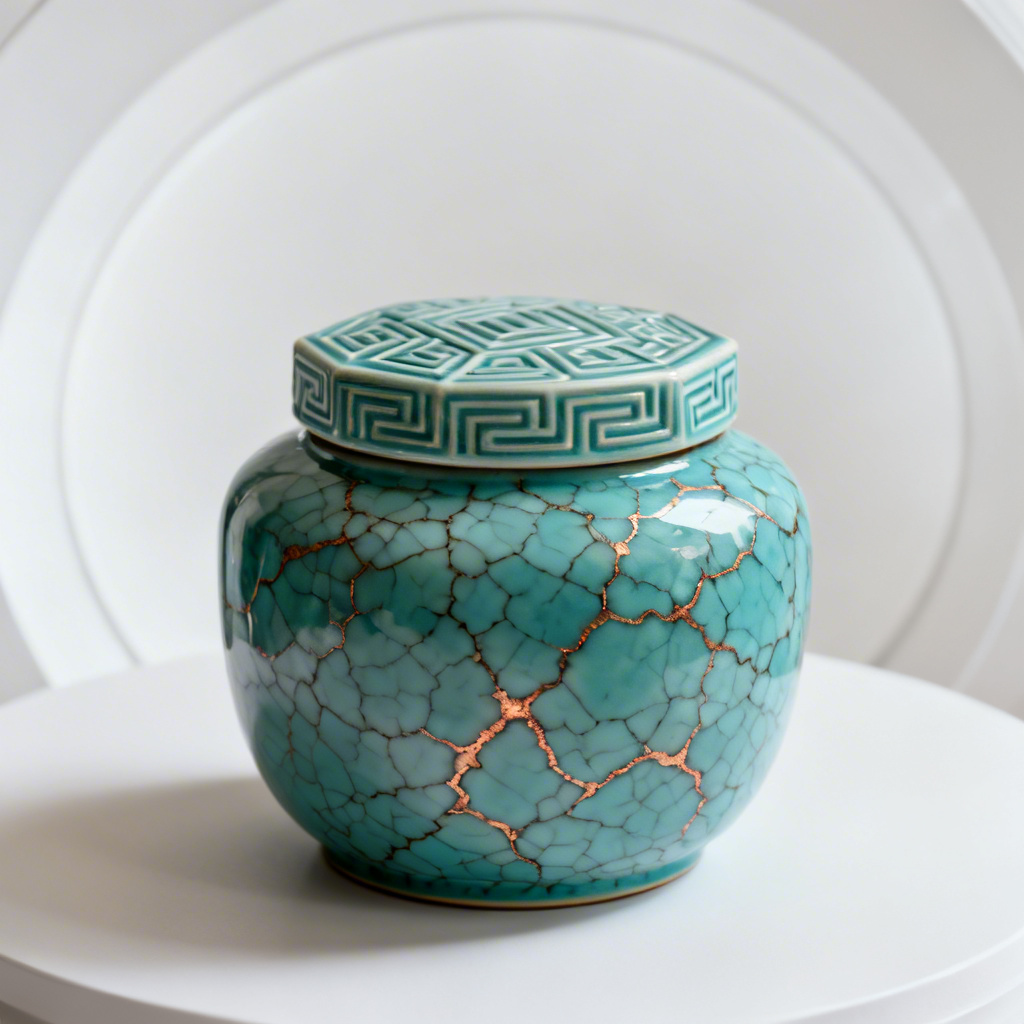 AI turquoise ceramic jar with vintage patina and embossed lid
