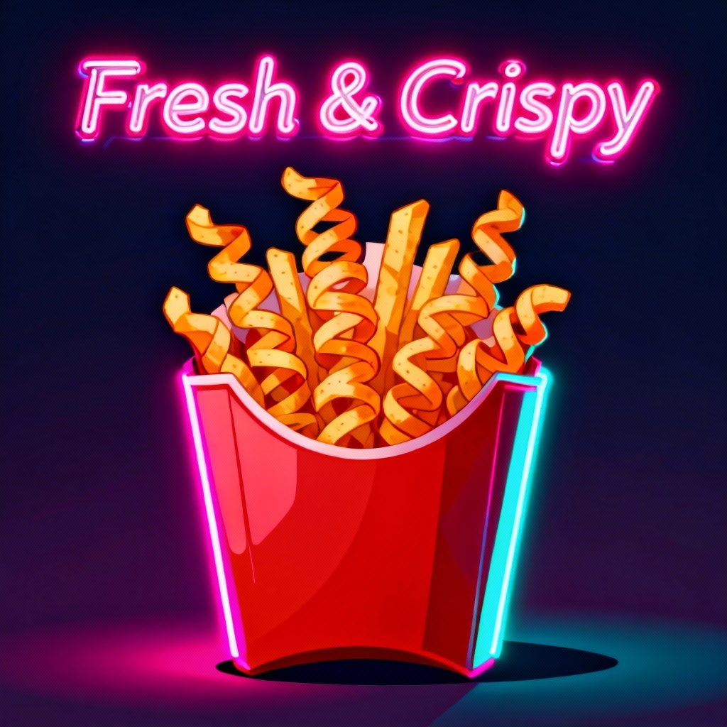 AI curly fries neon poster style
