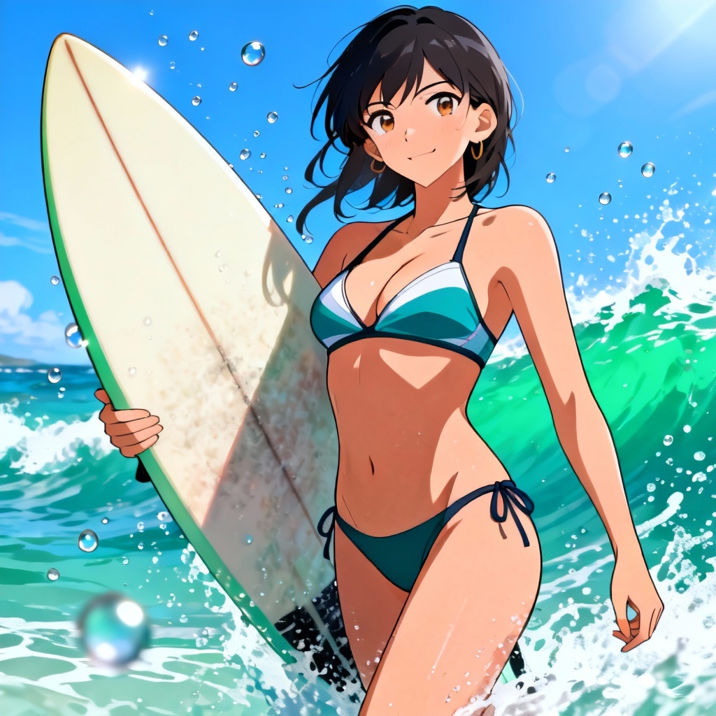 Anime surfer girl with board in sporty bikini, ocean spray