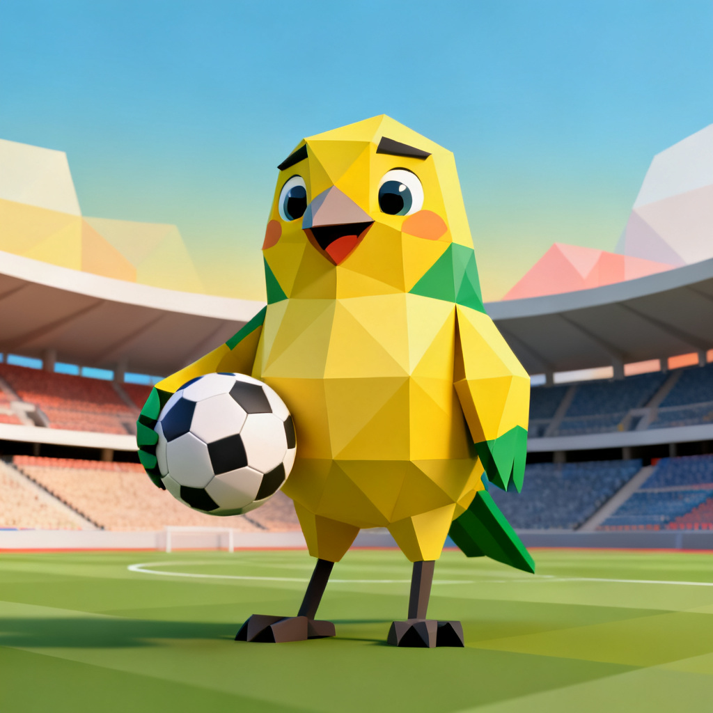 3D low poly Brazil mascot with a football in a stadium