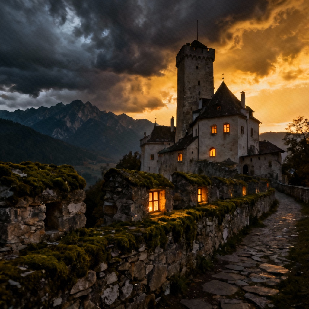 AI Bran Castle at dusk with Carpathian backdrop