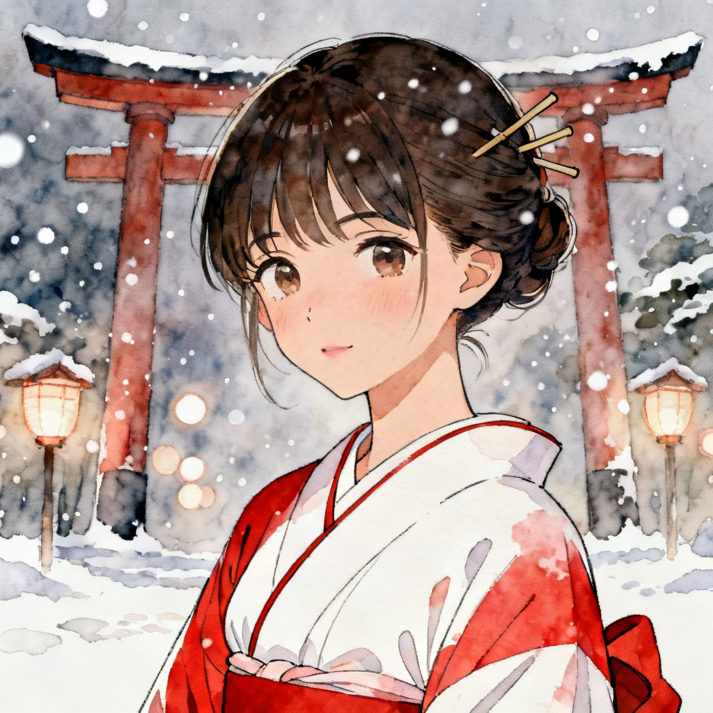 AI kimono shrine maiden in snowfall