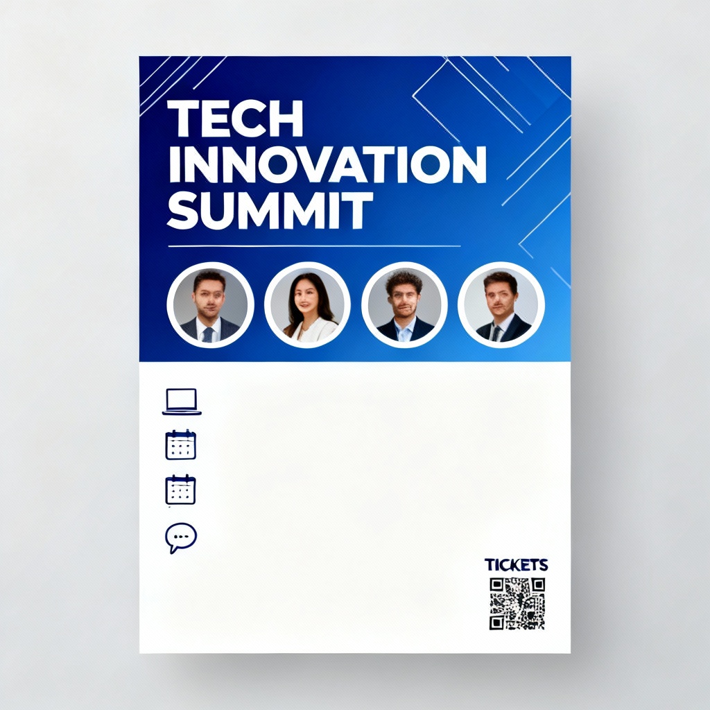 AI modern tech conference flyer with geometric lines and speaker photos