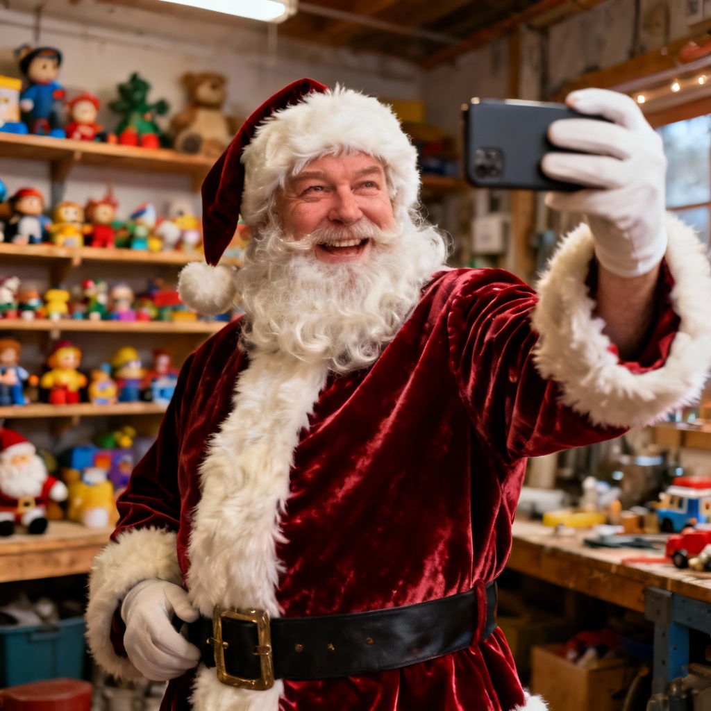 AI Santa selfie in festive workshop