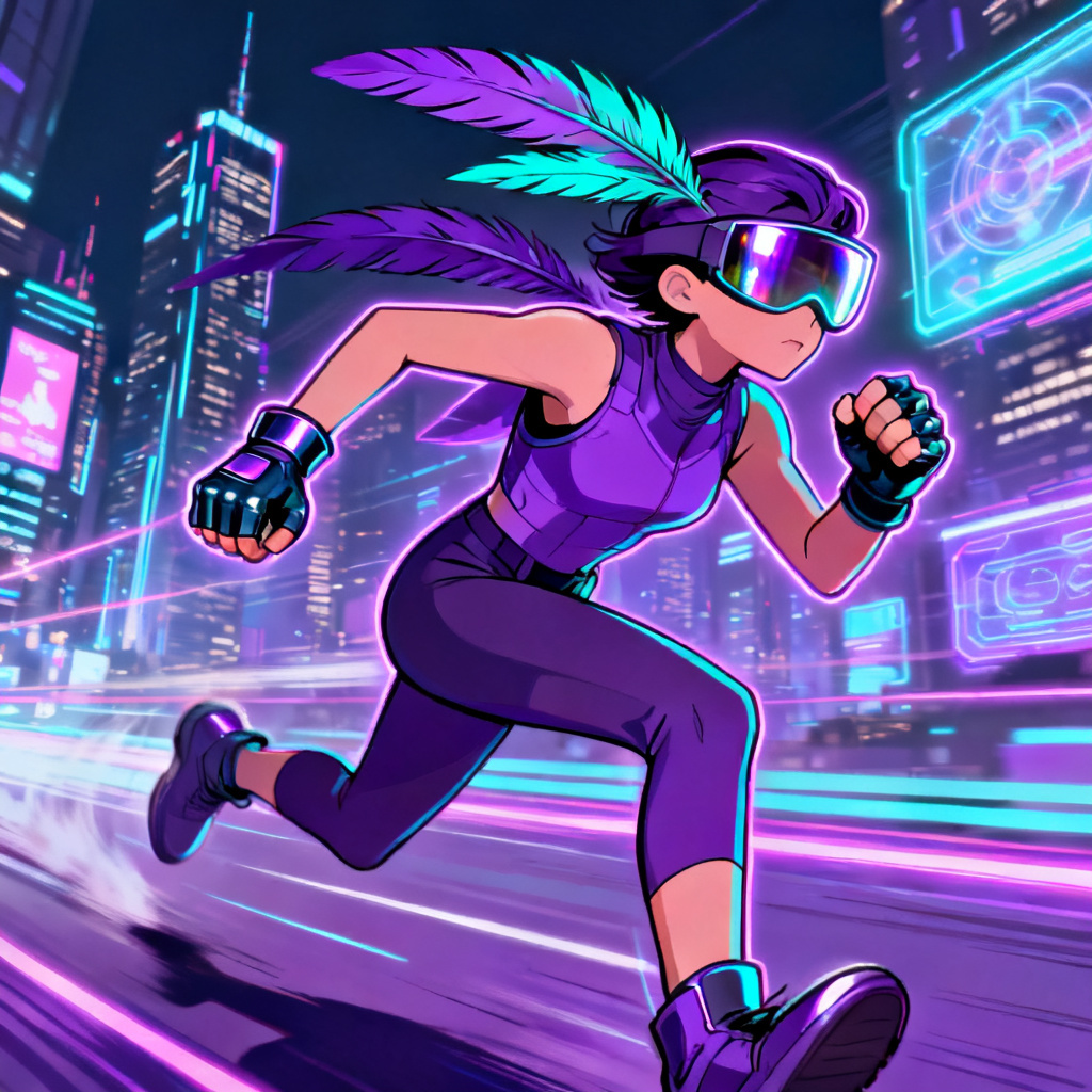 AI Sonic OC neon hedgehog running in cyber city