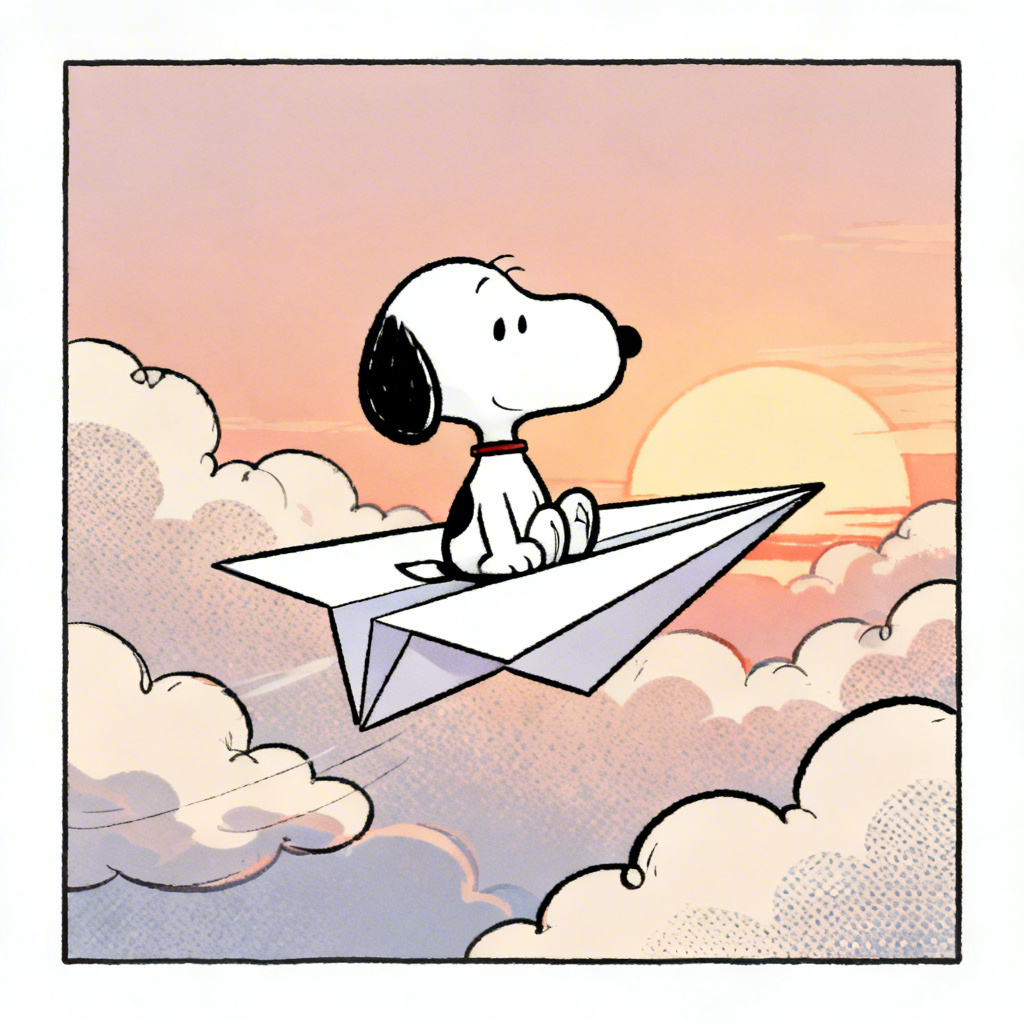 AI Snoopy style beagle flying a fantasy paper plane above clouds
