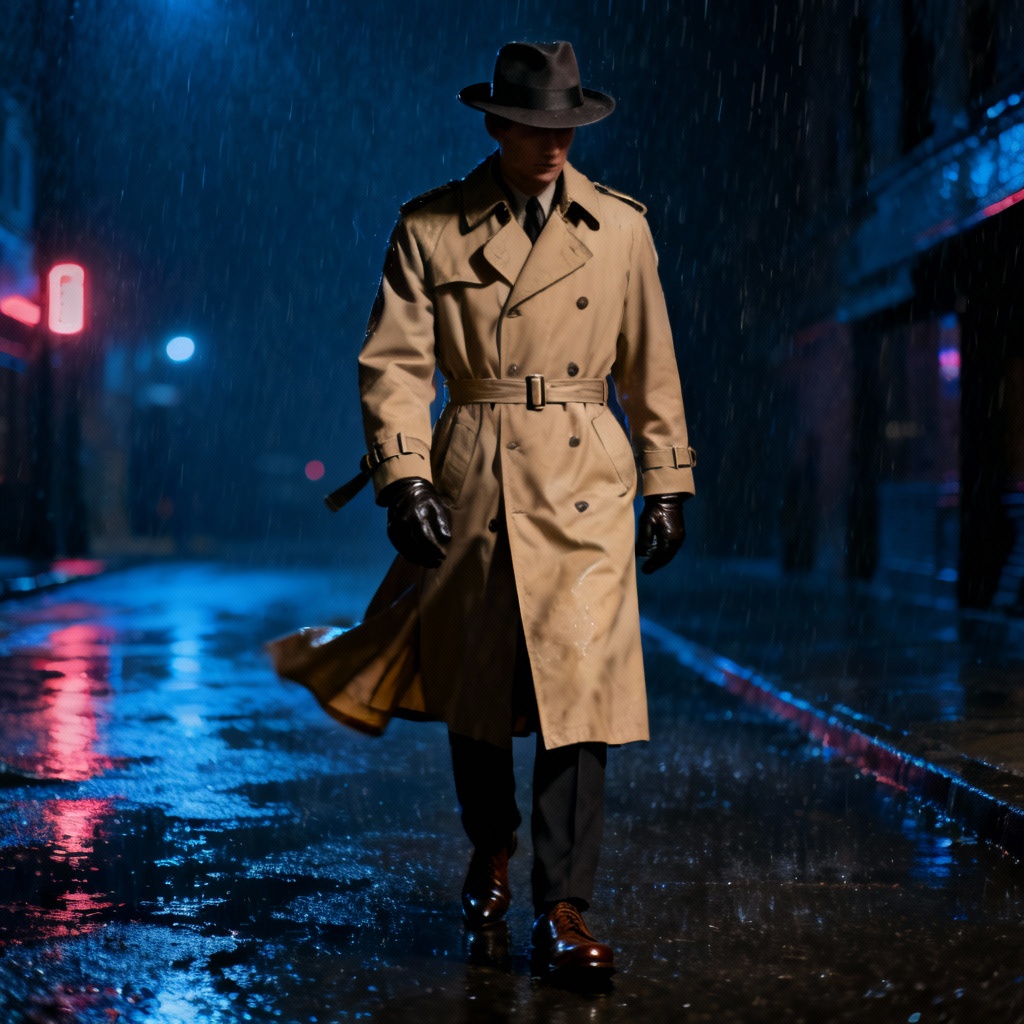 AI classic trench coat and fedora in film noir scene