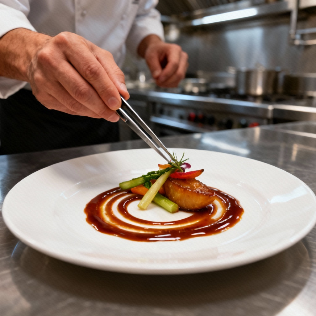 AI chef plating a modern fine dining entree with tweezers