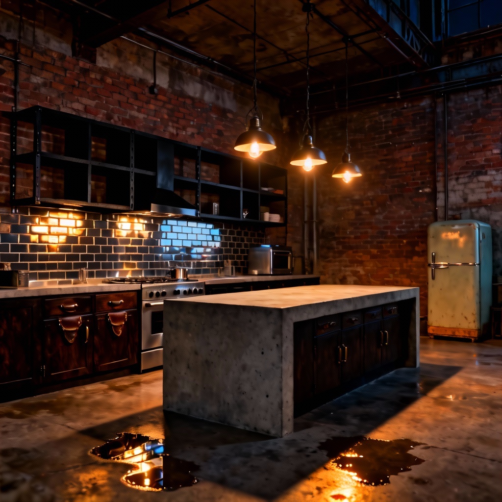 AI industrial loft kitchen at night