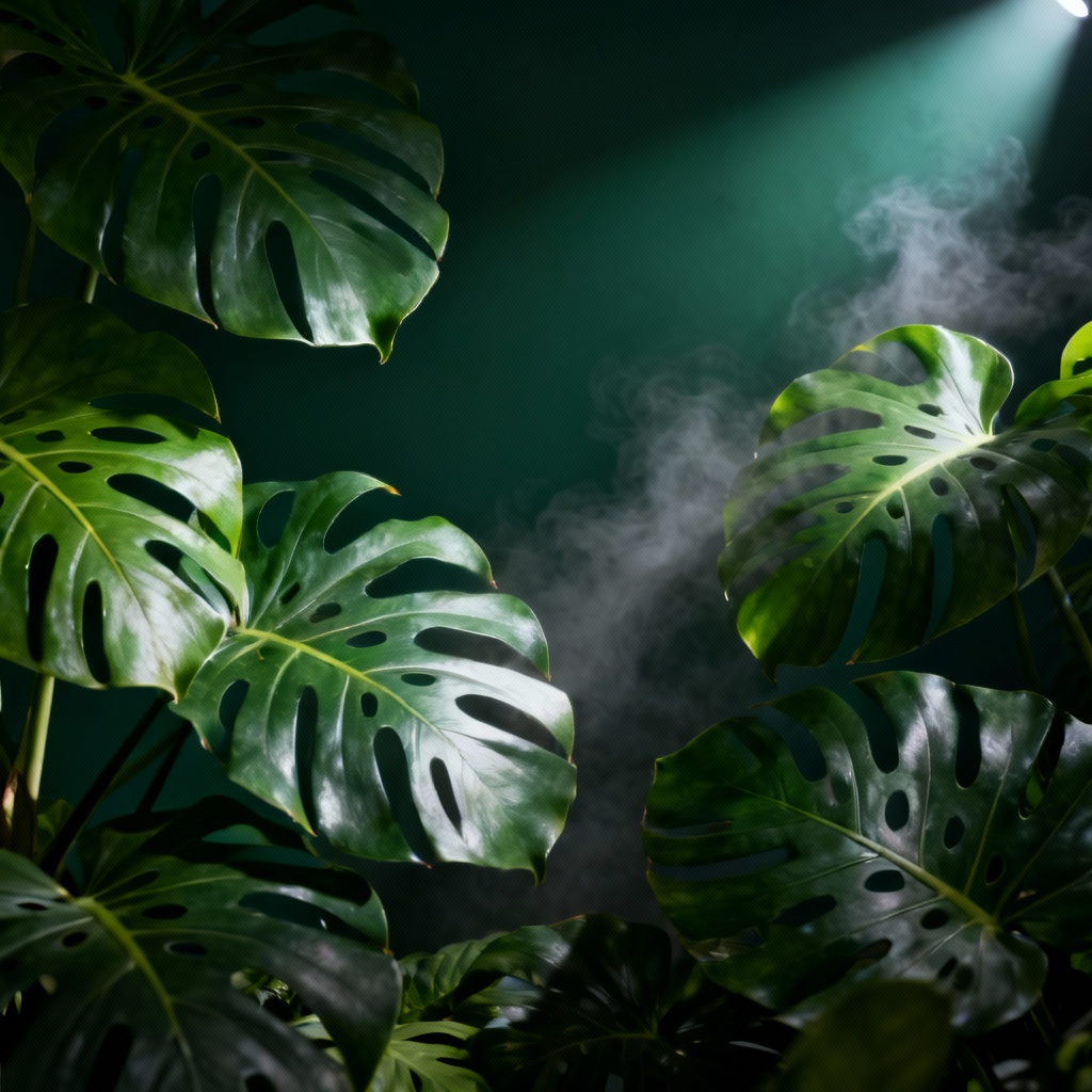 AI tropical monstera leaves poster with dramatic light