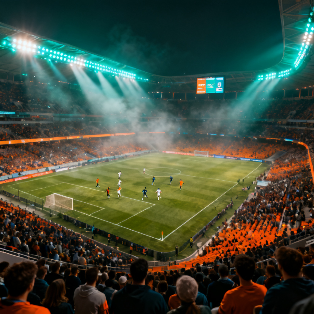 AI aerial stadium broadcast view at night
